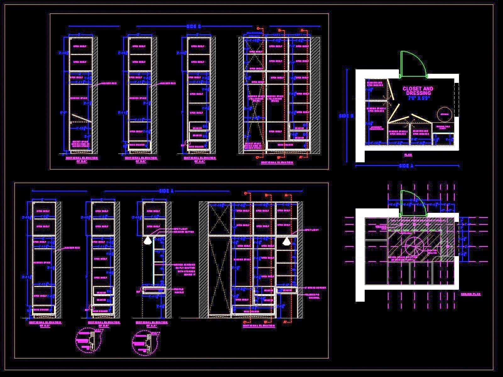 8'x6' Dressing Room with L-Shaped Wardrobe - CAD Drawing